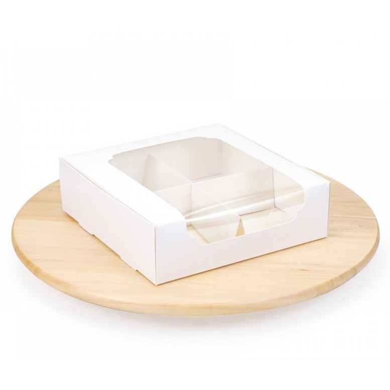 Коробка під зефір та десерт с вікном и роздільниками, БІЛА, 200х200х60 мм, лам/к
