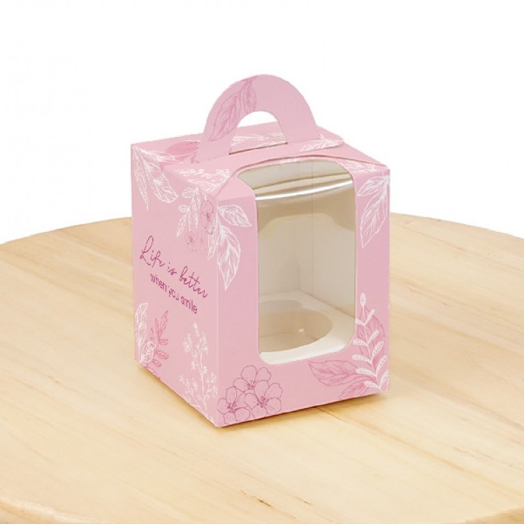 Коробка для 1 кекса Рожева з вікном, 82х82х100мм, крейд/к
